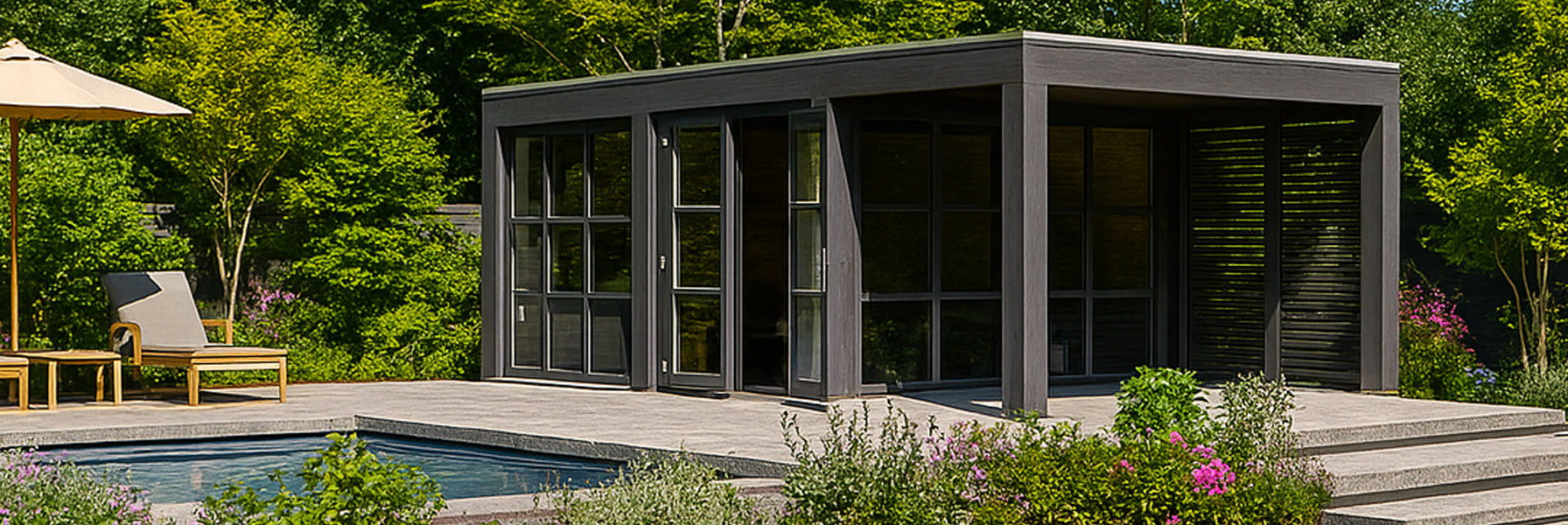 Tuinhuis van hout platdak tuinkamer