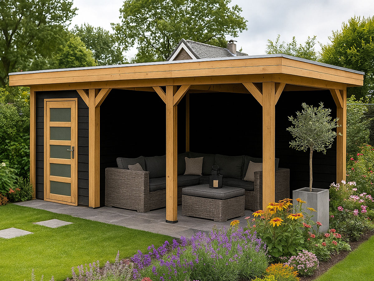 Tuinhuis met luifel en platdak 2